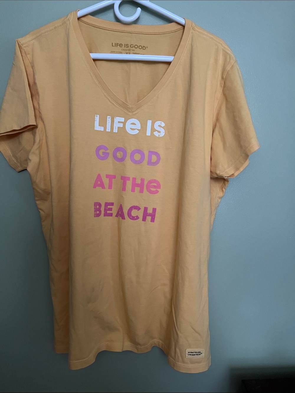Life Is Good at the Beach Yellow V‑Neck Crusher Tee with Pink & White Lettering